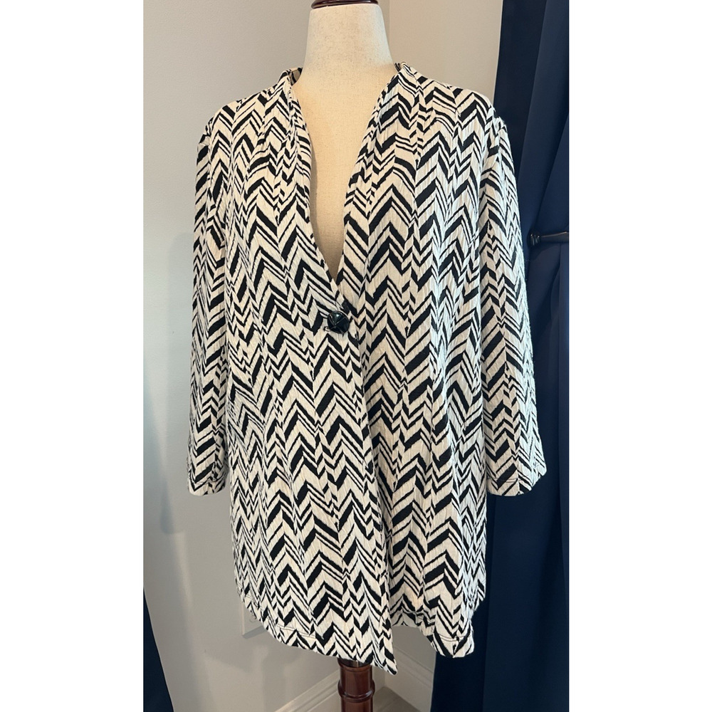 VNTG LAURA ASHLEY 2X made USA‎ Open Cardigan Chevron Zig Zag Black White 80-90's